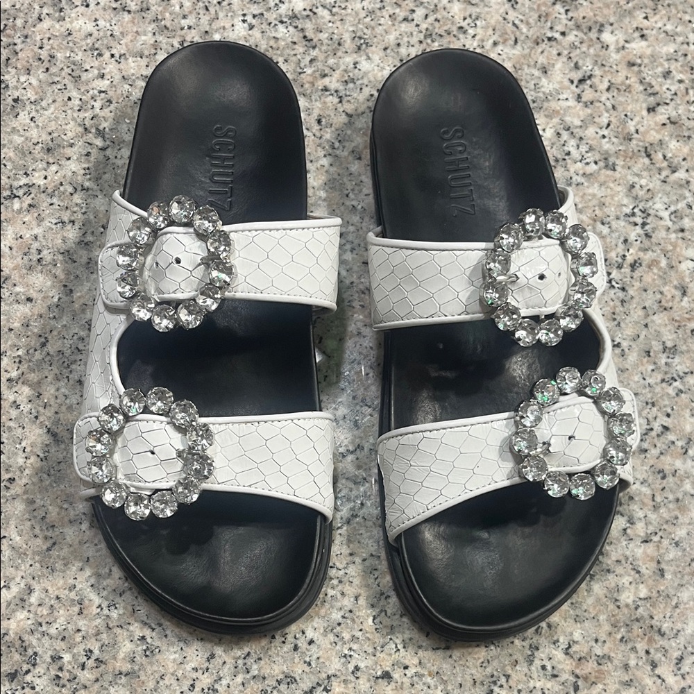 SCHUTZ White Sandals with Crystal Accents